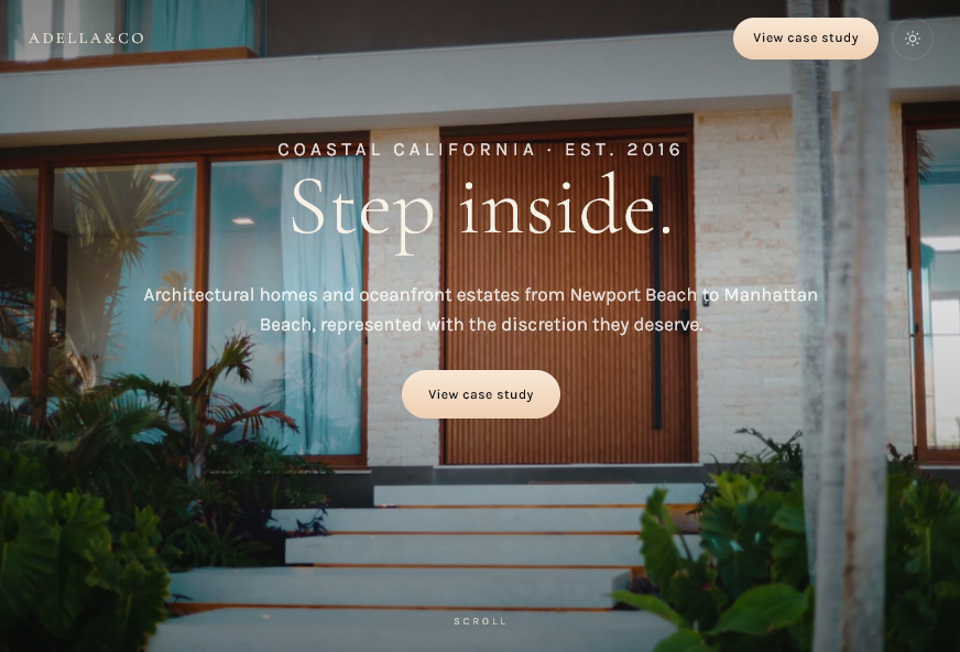 Adella&Co real estate website with the headline Step inside over a modern coastal home