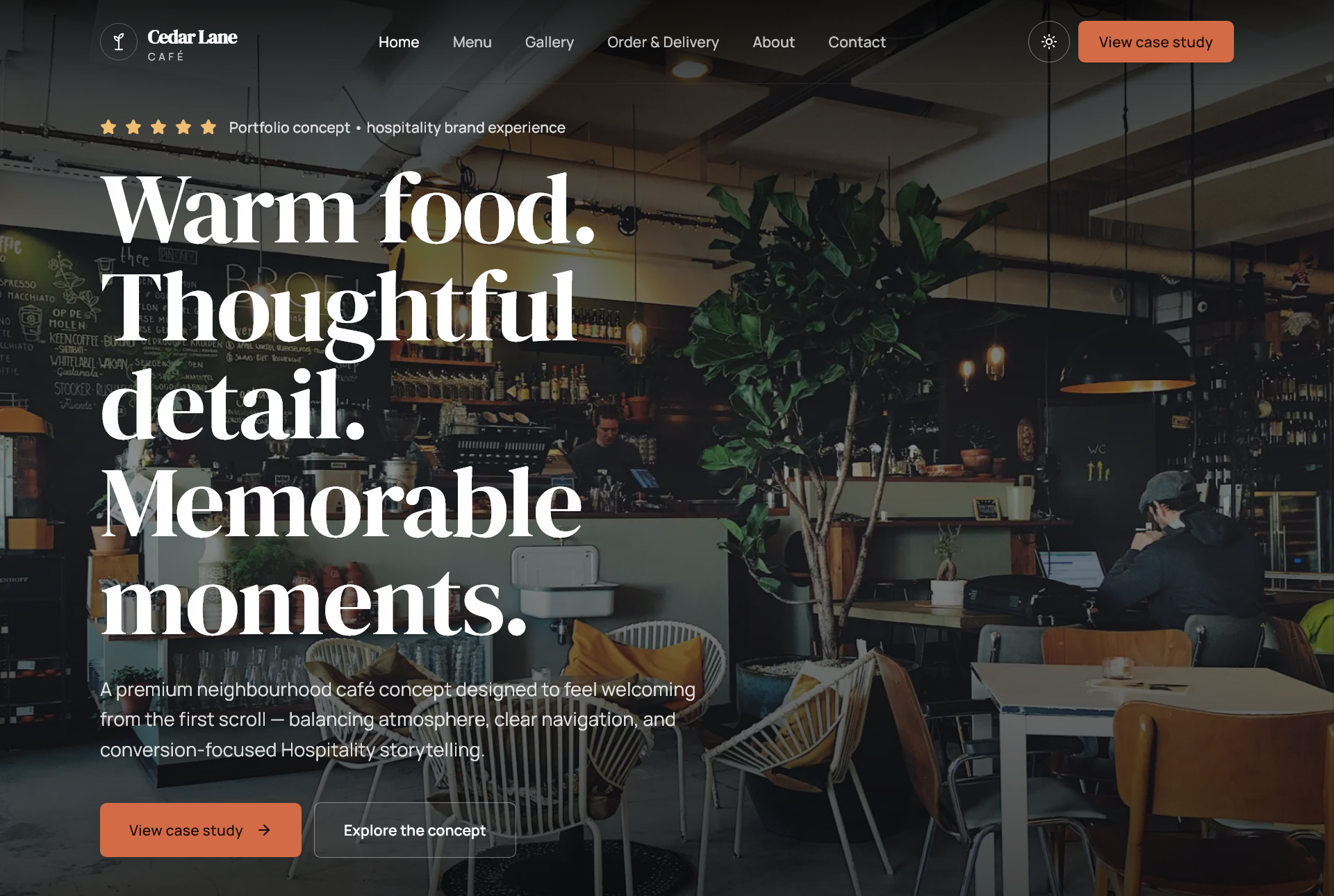 Cedar Lane Café website with the headline Warm food. Thoughtful detail. Memorable moments.