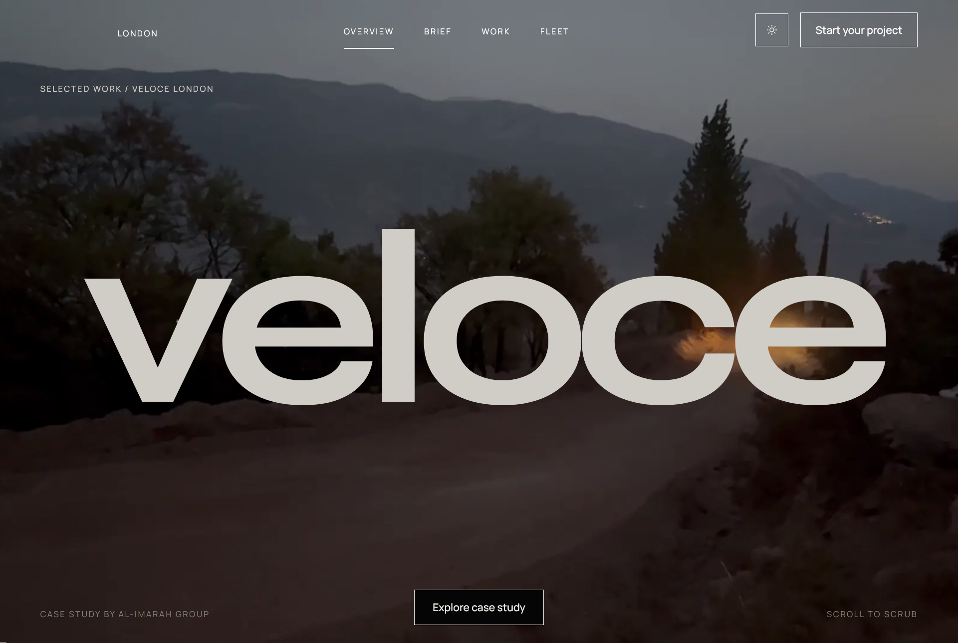 Veloce London website with a large cream wordmark over a dusk rally photograph