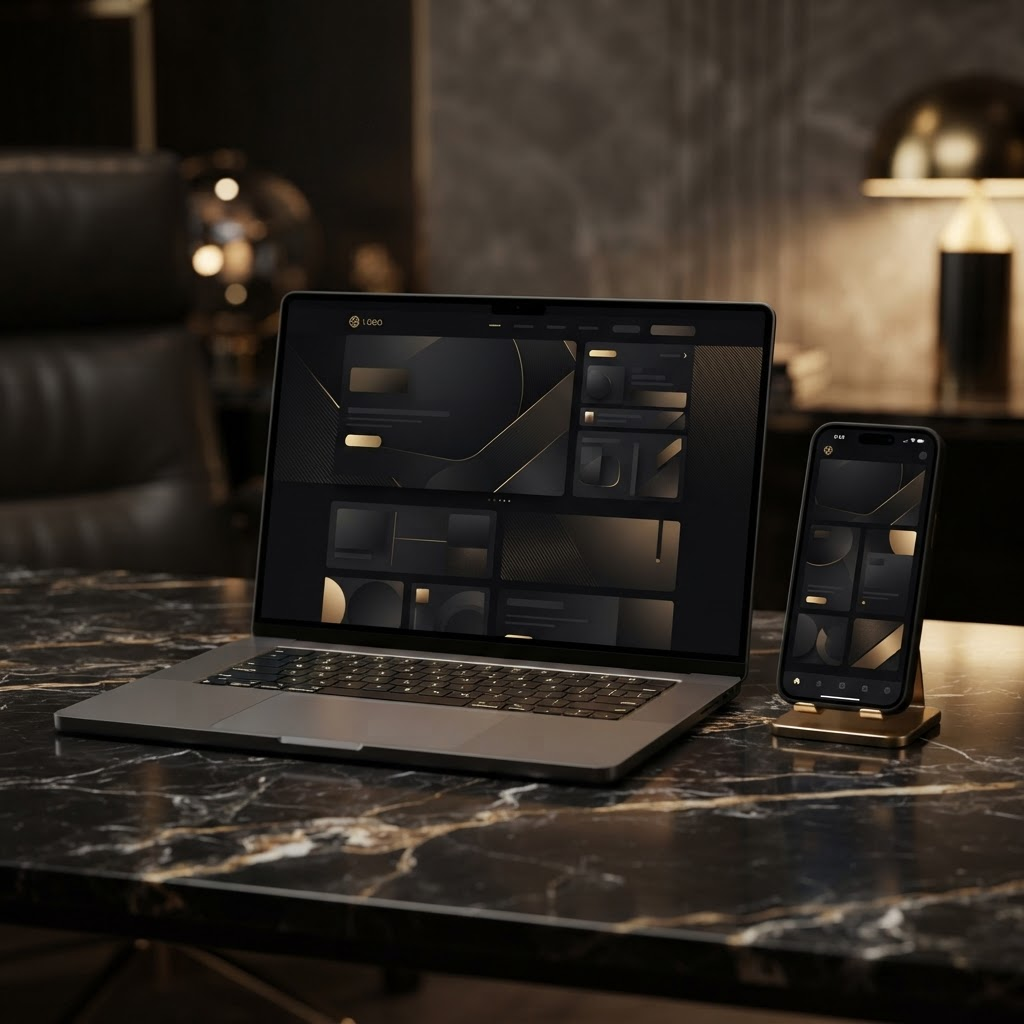 Example of a modern, dark, premium business website across laptop and phone